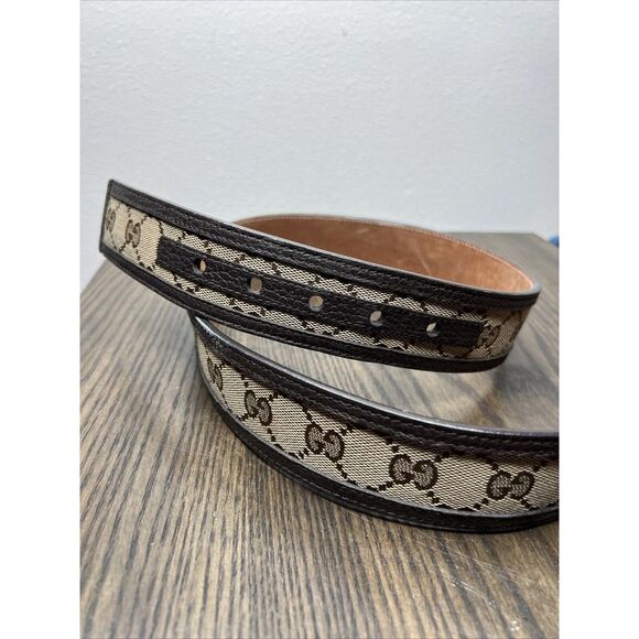 Gucci GG Canvas Mono Leather Palladium Silver Buckle Belt Brown Sz 34 - Picture 9 of 11